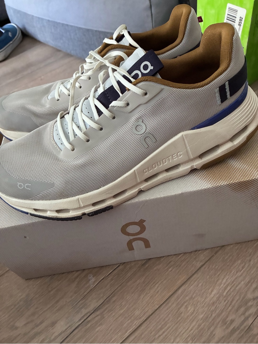 On Running Men's/Unisex Beige White and Blue Cloudtec Athletic Sneakers